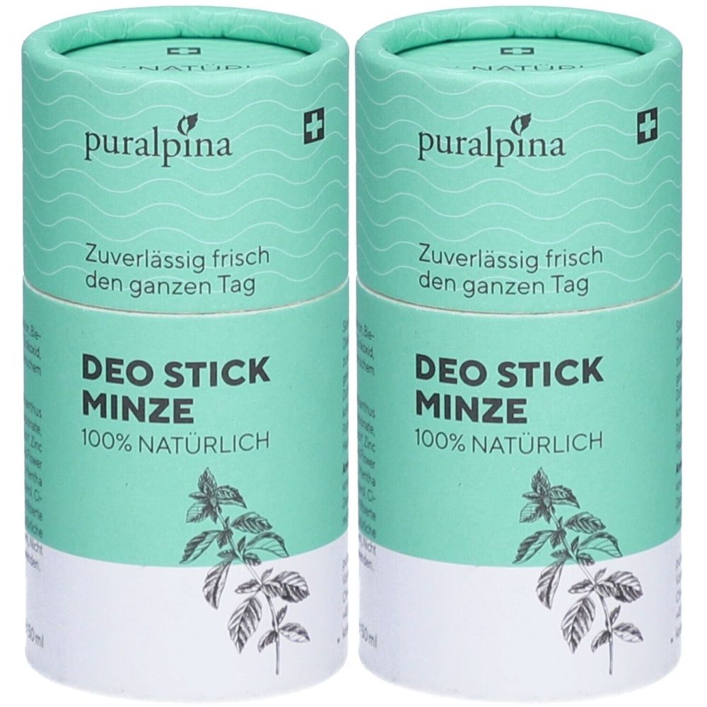Deux sticks déodorants cylindriques. Inscription : puralpina, Deo Stick Minze, 100% naturel. Emballage vert et blanc.