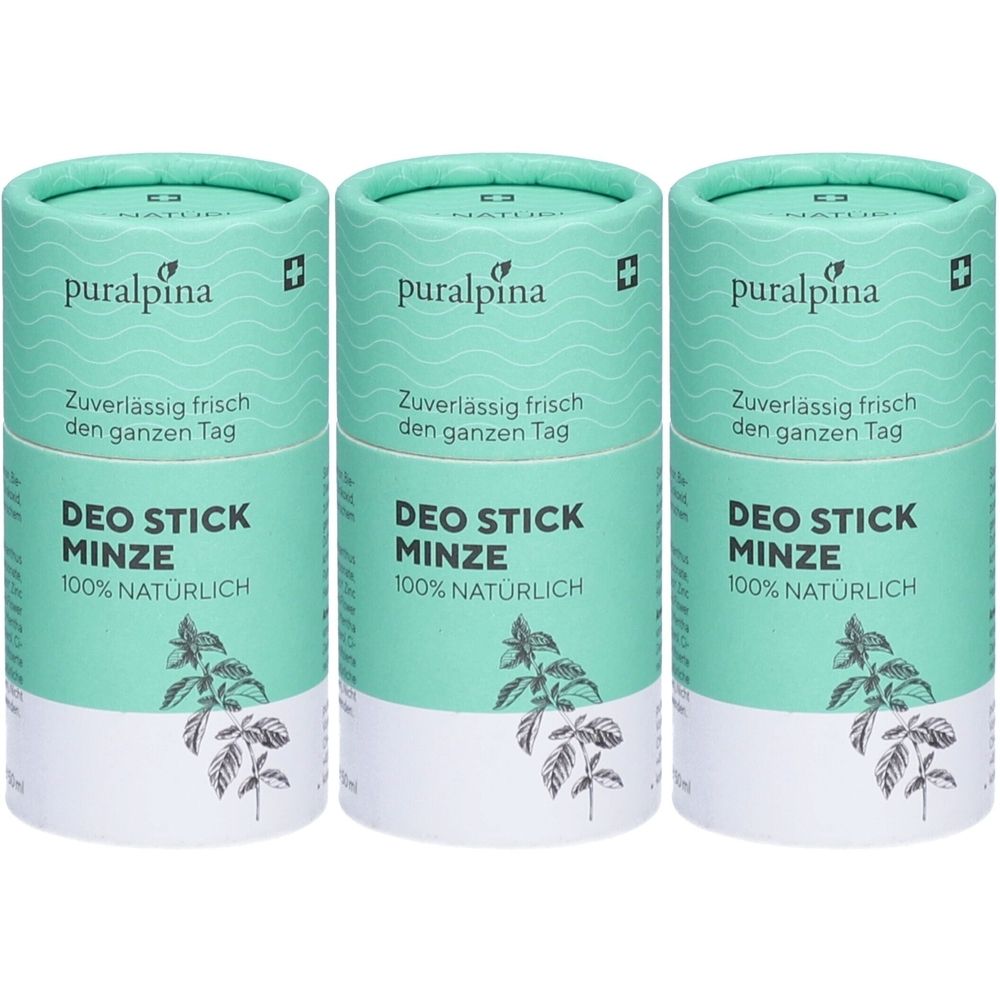 Trois déodorants en bâton cylindriques. Emballage turquoise avec texte blanc: puralpina, Deo Stick Minze, 100% naturel. Croix suisse.