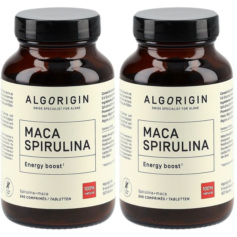Deux flacons en verre brun avec des couvercles noirs. Les étiquettes indiquent "Algorigin Maca Spirulina Energy boost".