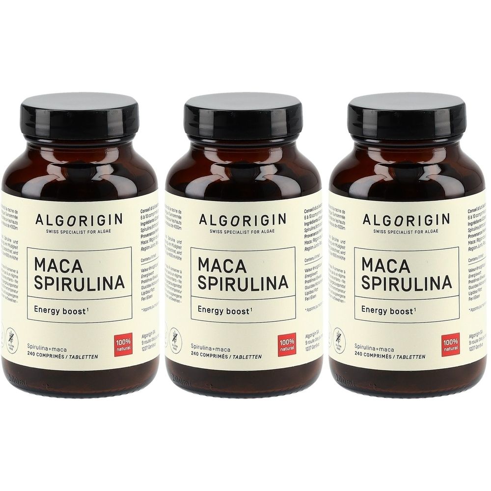 Trois flacons en verre brun avec des couvercles noirs. Les étiquettes indiquent "ALGORIGIN MACA SPIRULINA Energy boost".