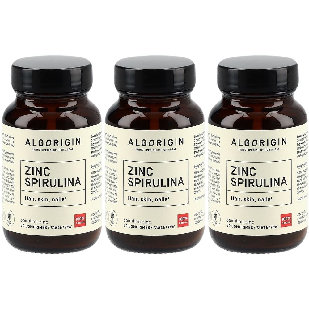 Trois flacons en verre brun avec des couvercles noirs. Les étiquettes indiquent "ALGORIGIN ZINC SPIRULINA" et "Hair, skin, nails".