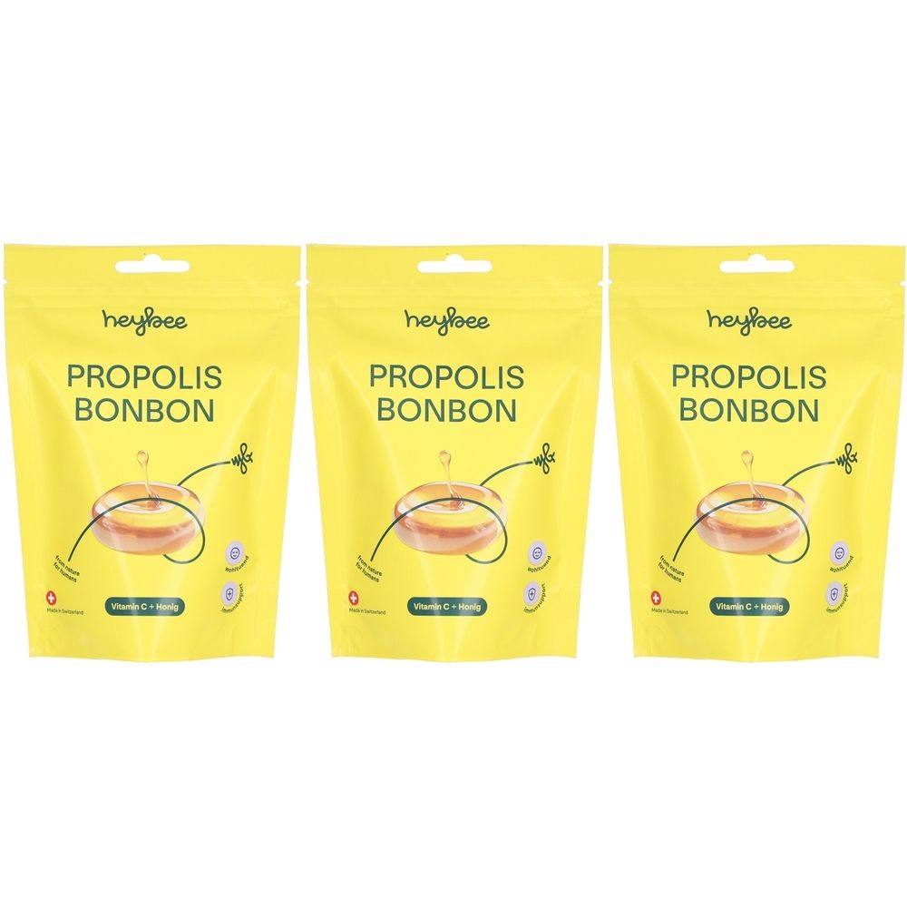 Drei gelbe Beutel mit der Aufschrift "PROPOLIS BONBON". Marke: heybee. Abbildung eines Bonbons.