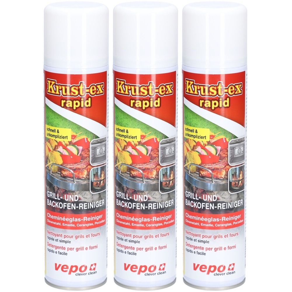 Drei Sprühdosen mit weißem Deckel. Aufschrift: Krust-ex rapid, Grill- und Backofen-Reiniger. Marke: vepo.