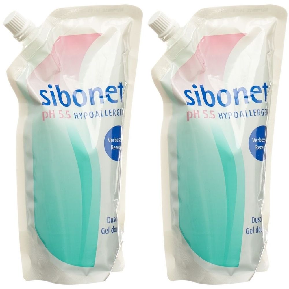 Zwei Nachfüllpackungen Duschgel. Aufschrift: sibonet, pH 5.5, hypoallergen. Türkis-weißes Design mit weißem Schraubverschluss.