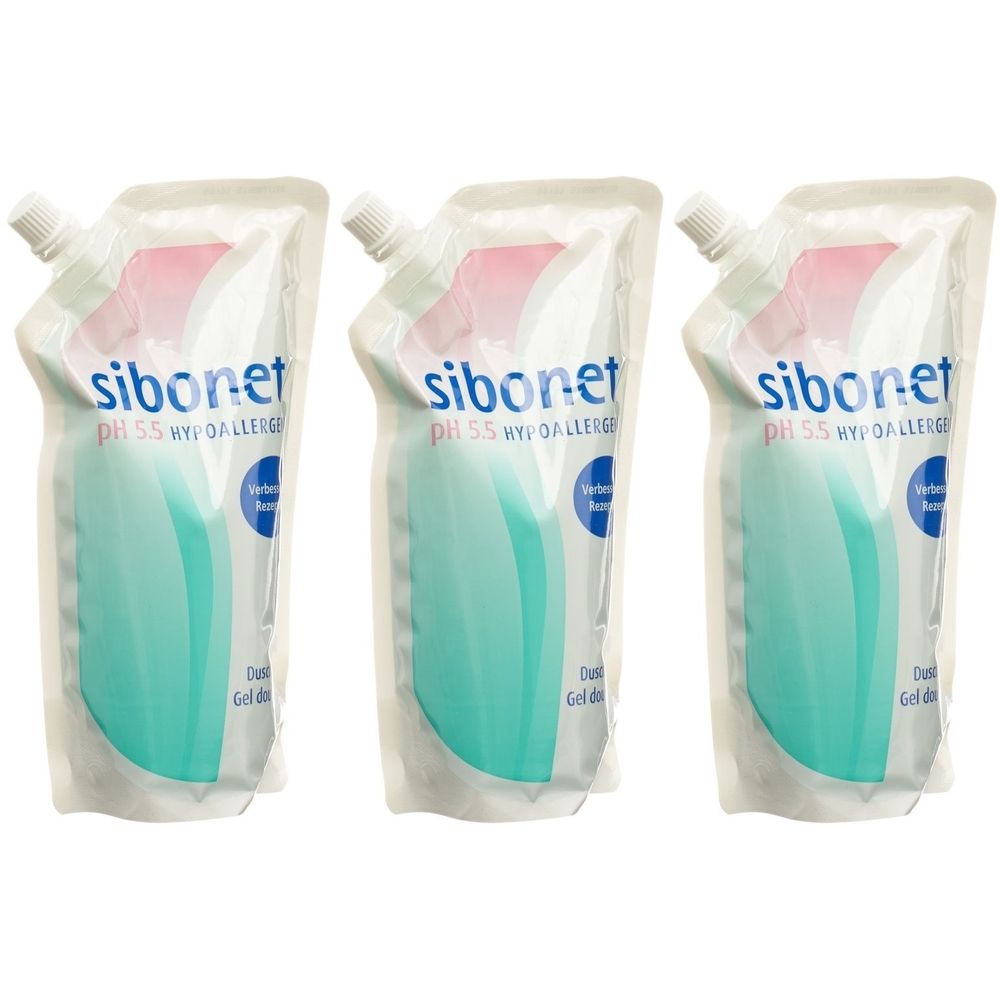 Drei Nachfüllpackungen Duschgel. Weiße Beutel mit grünem Inhalt und weißem Schraubverschluss. Aufdruck: SIBONET pH 5.5.