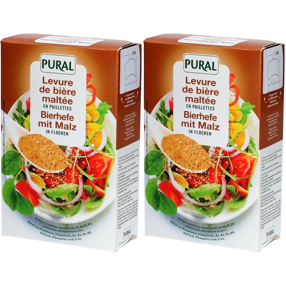 Zwei Kartons mit "PURAL" und "Levure de bière maltée". Aufdruck: "Bierhefe mit Malz". Abbildung: Salat mit Malzflocken.