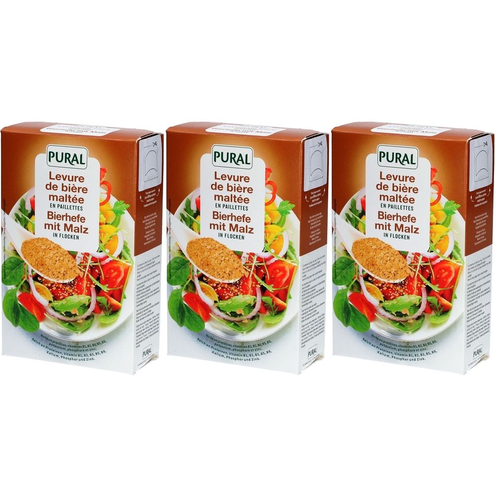 Drei Kartons mit dem Produkt PURAL. Aufdruck: Levure de bière maltée, Bierhefe mit Malz. Abbildung eines Salattellers.
