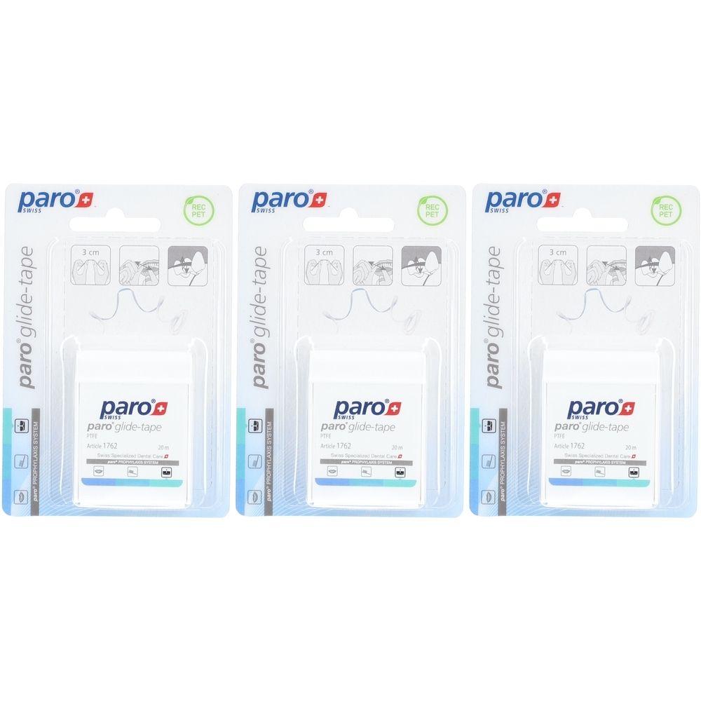 Drei Packungen paro® Glide-Tape Zahnseide. Jede Packung enthält eine weiße Rolle Zahnseide in einer Blisterverpackung mit Produktlogo und Informationen.