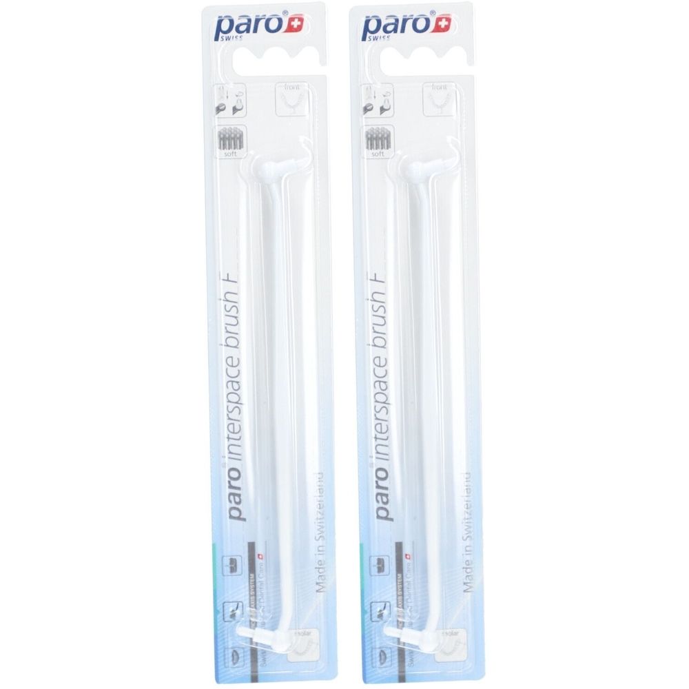 Deux brossettes interdentaires paro interspace brush F, emballées. Fabriqué en Suisse. Marque paro visible.