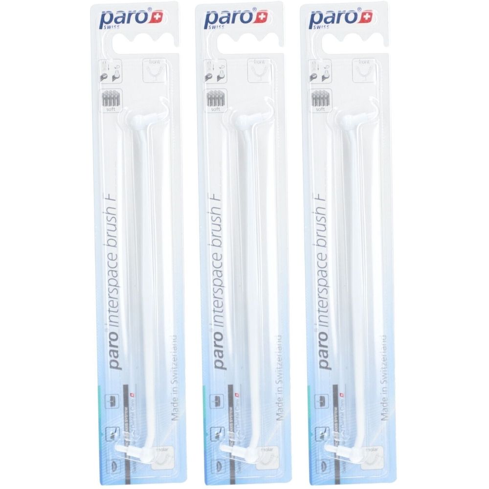 Trois emballages blister de brossettes interdentaires paro blanches. Inscription : paro interspace brush F. Fabriqué en Suisse.