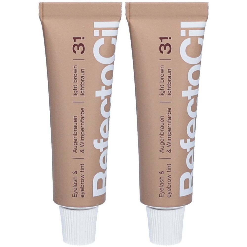 Zwei Tuben Refectocil Wimpernfarbe hellbraun 3.1. Beige Tuben mit weißem Verschluss. Aufdruck: Augenbrauen- & Wimpernfarbe, light brown.