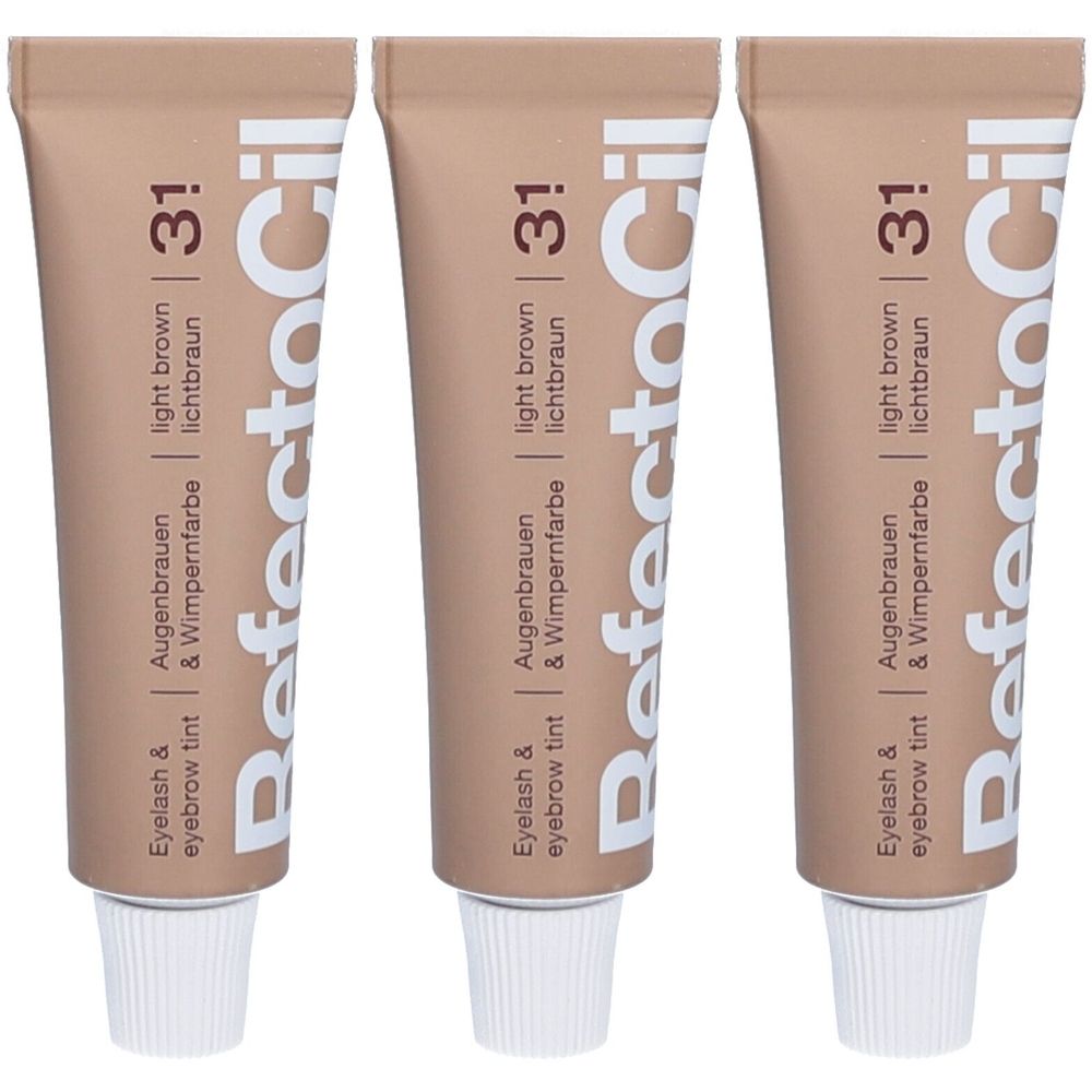 Drei Tuben Augenbrauen- und Wimpernfarbe. Auf jeder Tube steht "RefectoCil", "3.1 light brown" und "Augenbrauen & Wimpernfarbe".