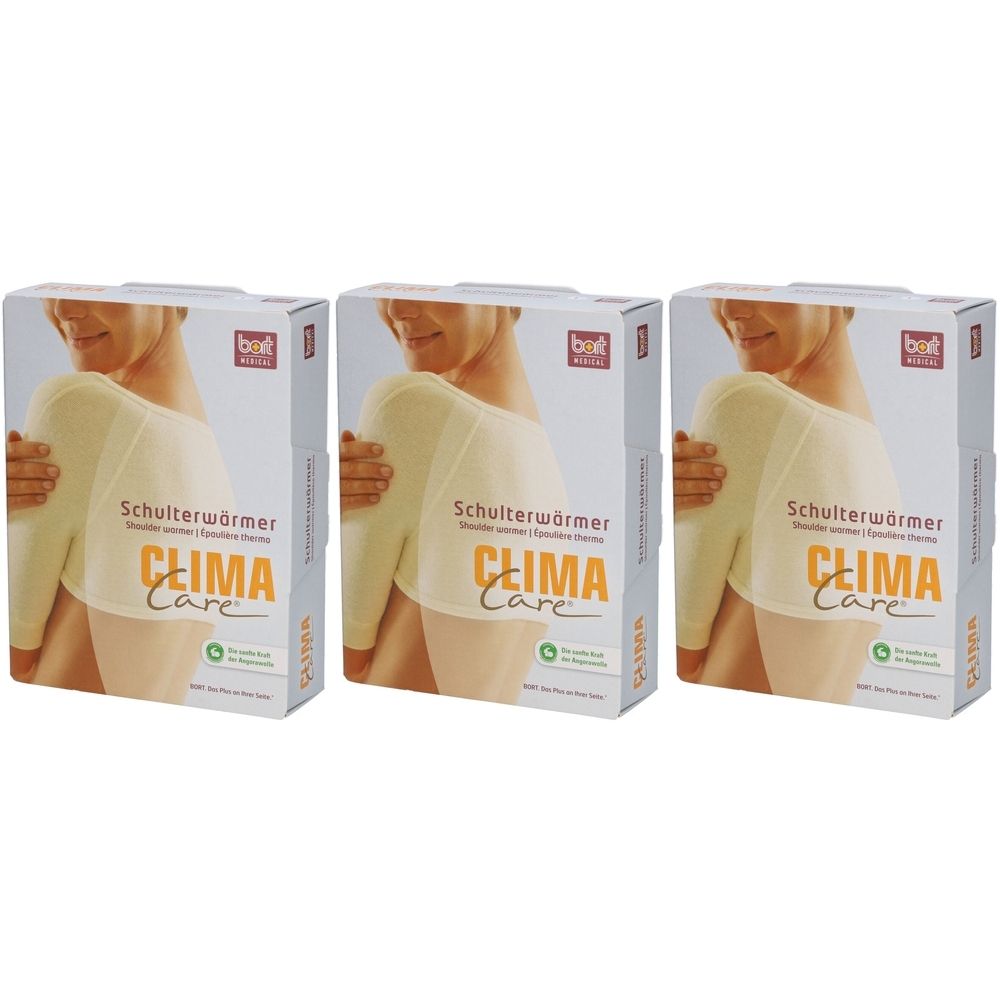 Drei Produktverpackungen. Aufdruck: Schulterwärmer, CLIMA Care. Logo: BORT medical. Abbildung: Person mit Schulterwärmer.