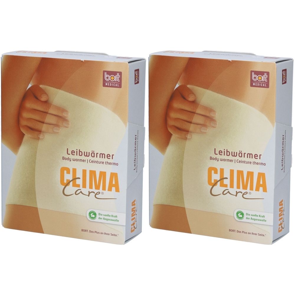 Deux boîtes du produit CLIMA Care. Sur les boîtes, un corps portant une ceinture thermique est représenté. Le lettrage CLIMA Care est clairement visible.