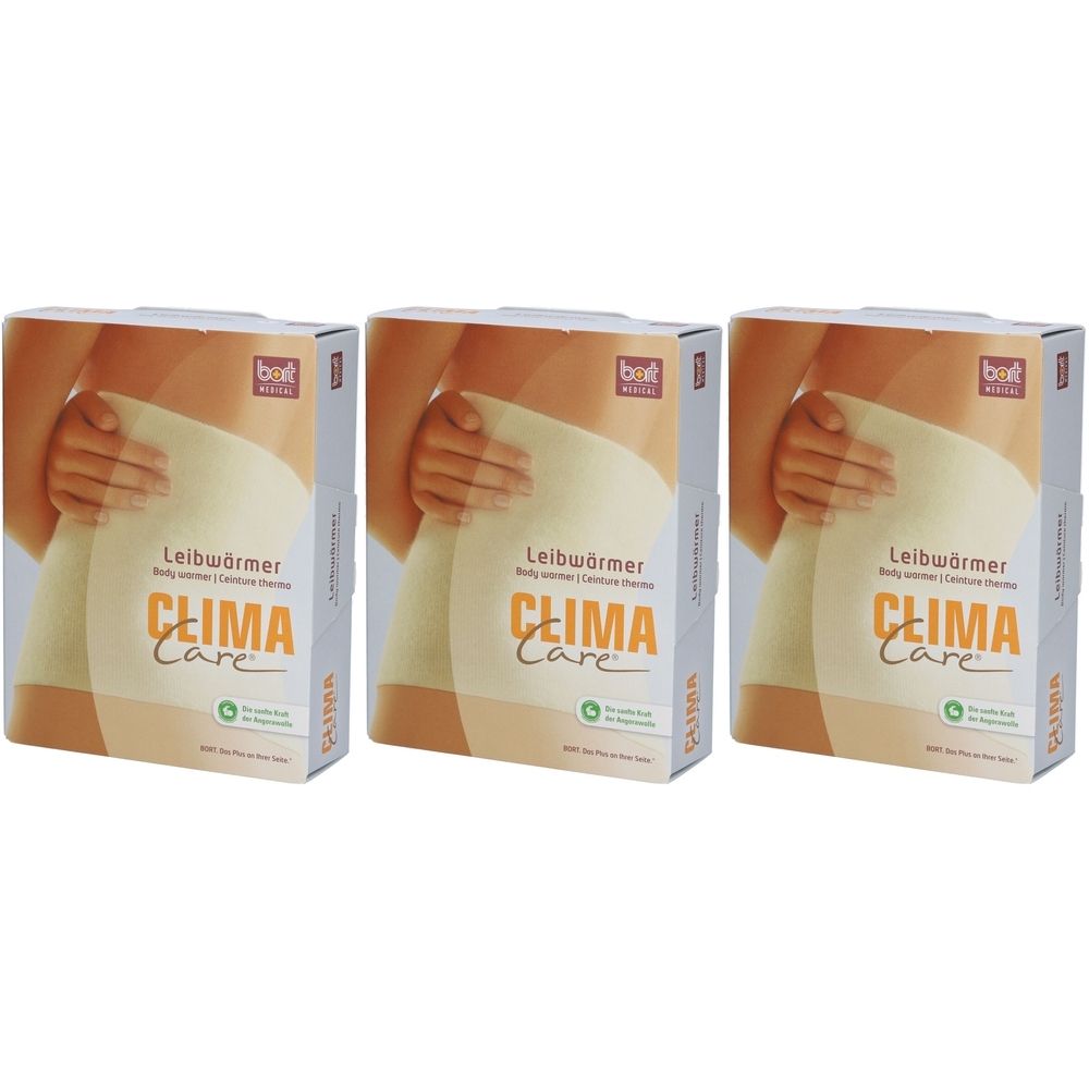 Drei Kartons mit dem Produkt CLIMA Care. Aufdruck: Leibwärmer, Größe S. Abbildung einer Person mit dem Produkt.
