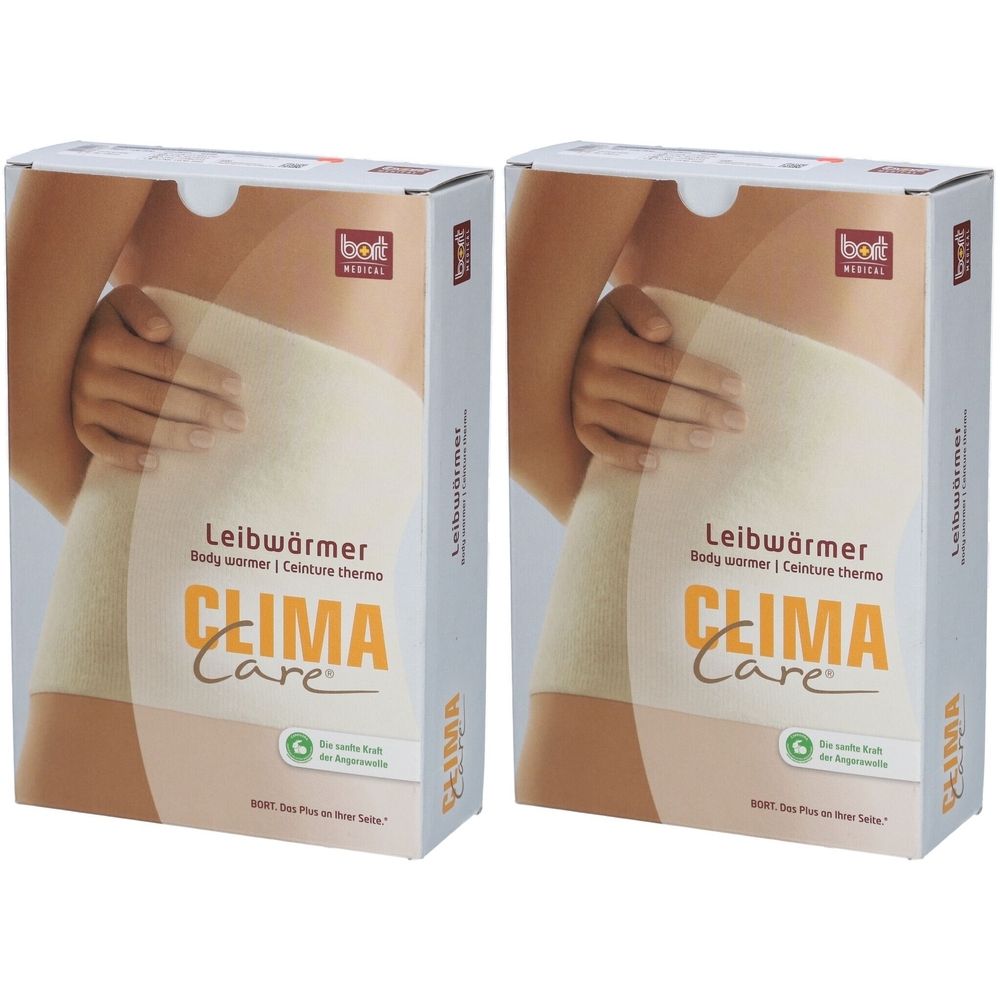Zwei Produktverpackungen. Aufdruck: Leibwärmer, CLIMA Care. Abbildung: Person mit Bauchbinde.