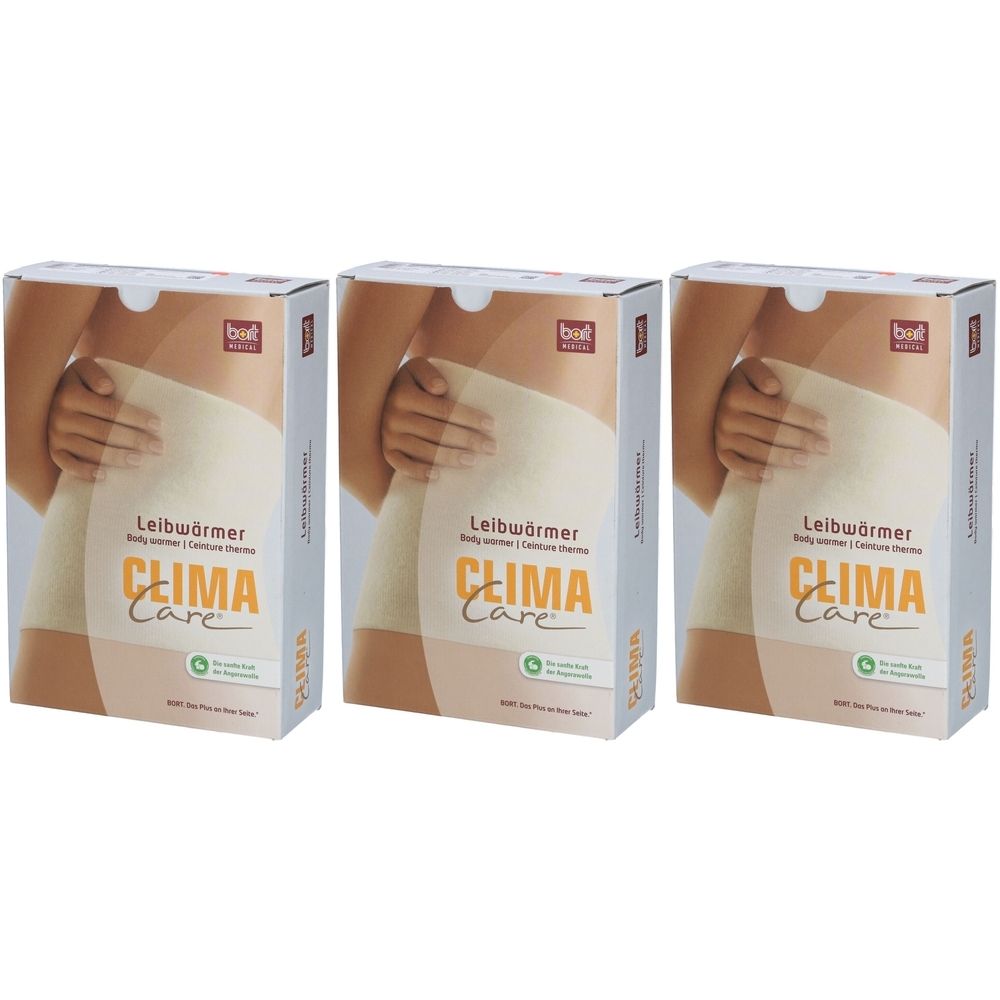 Drei Produktverpackungen des BORT CLIMACare Thermo-Gürtels. Aufdruck: CLIMA Care, Leibwärmer, weiß. Darstellung einer Person mit Gürtel.