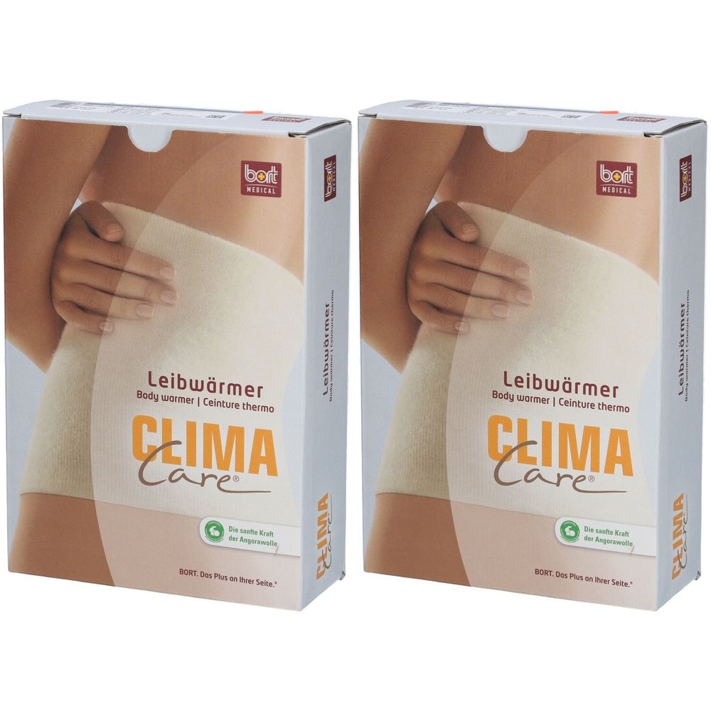 Deux boîtes de produit. Impression : CLIMA Care, chauffe-corps. Illustration d'une personne avec le produit. Marque : bort medical.