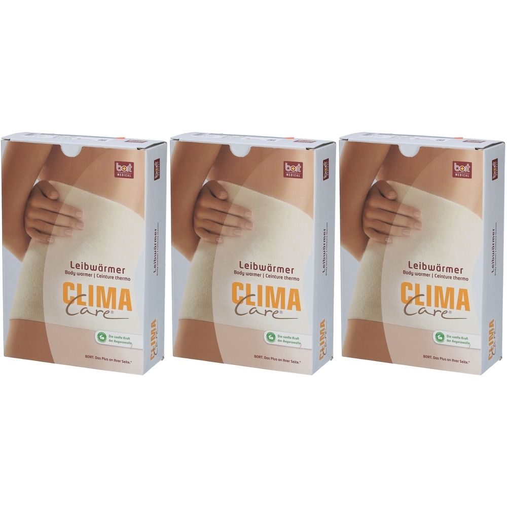 Trois boîtes de produit. Sur chaque boîte, un chauffe-ventre blanc est représenté. L'inscription "CLIMA Care" est clairement visible.