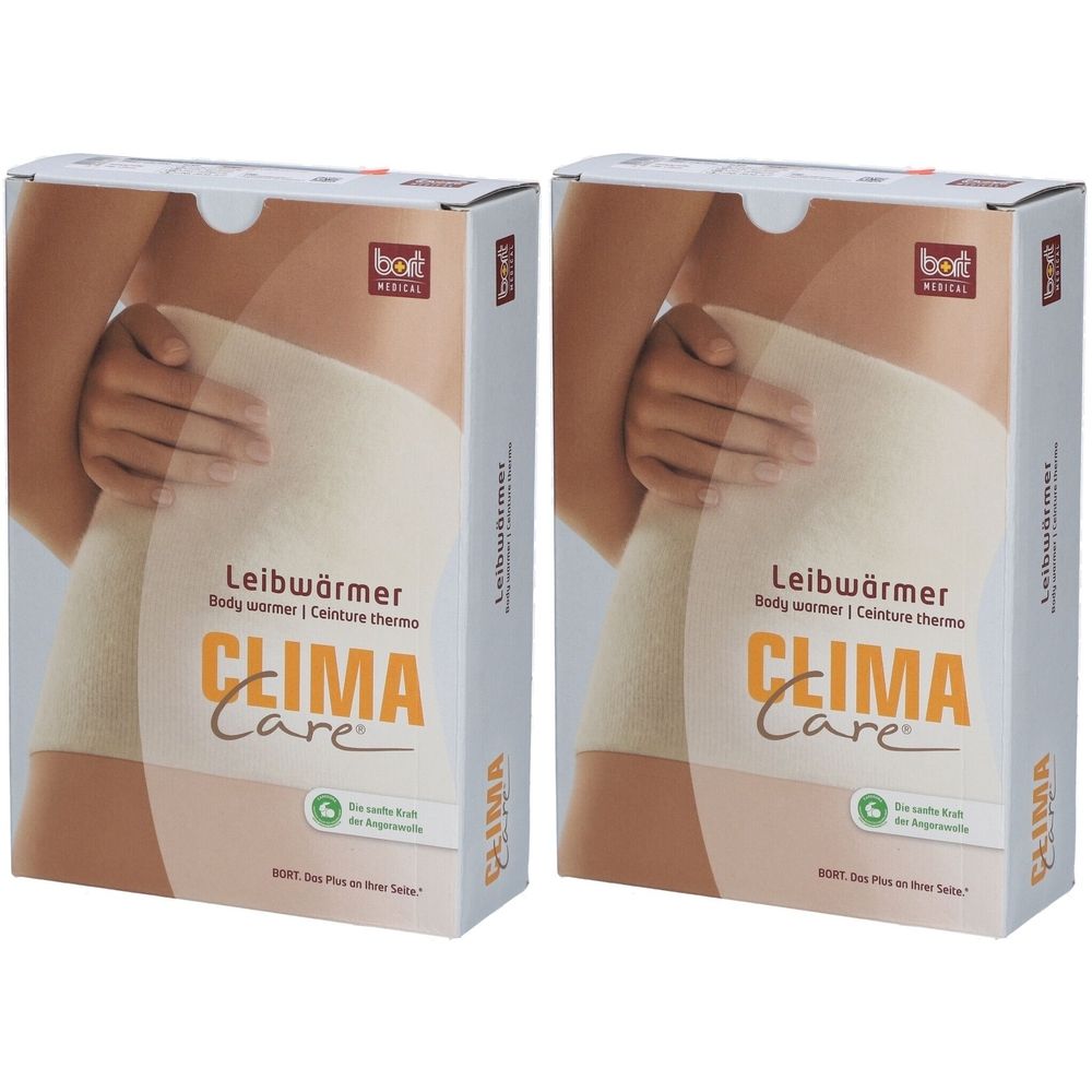 Deux boîtes de produit. Impression : CLIMA Care, chauffe-corps. Image du produit beige. Marque : BORT medical.