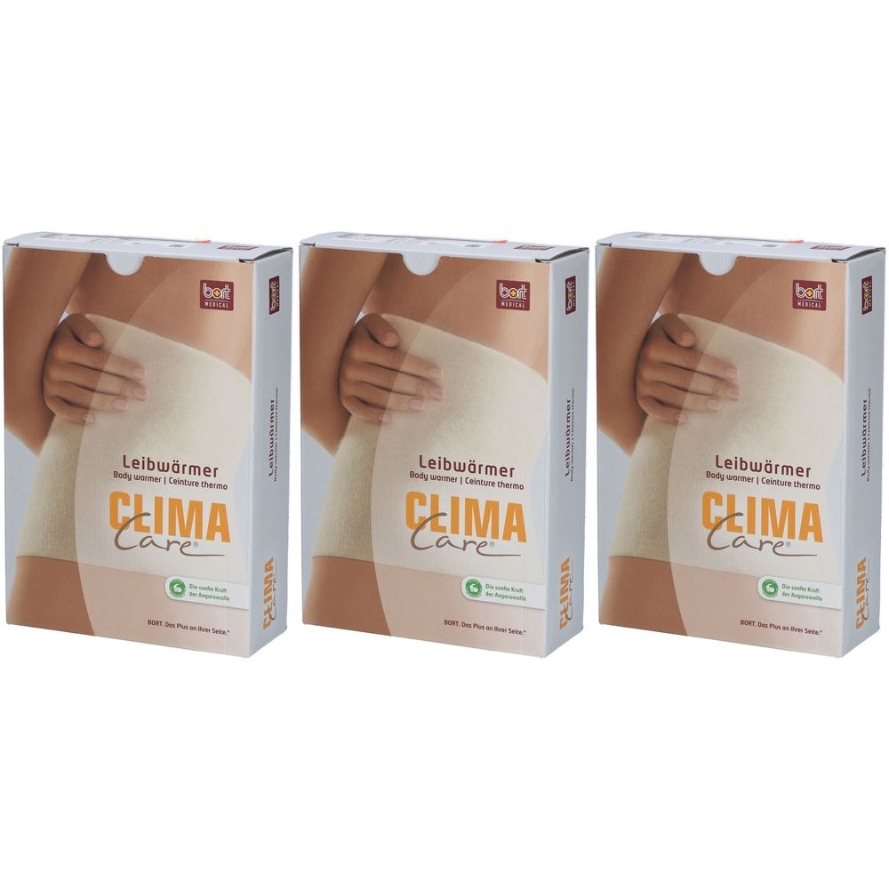 Trois boîtes de produit. Chaque boîte affiche "Leibwärmer CLIMA Care". Produit beige sur l'illustration. Marque BORT.