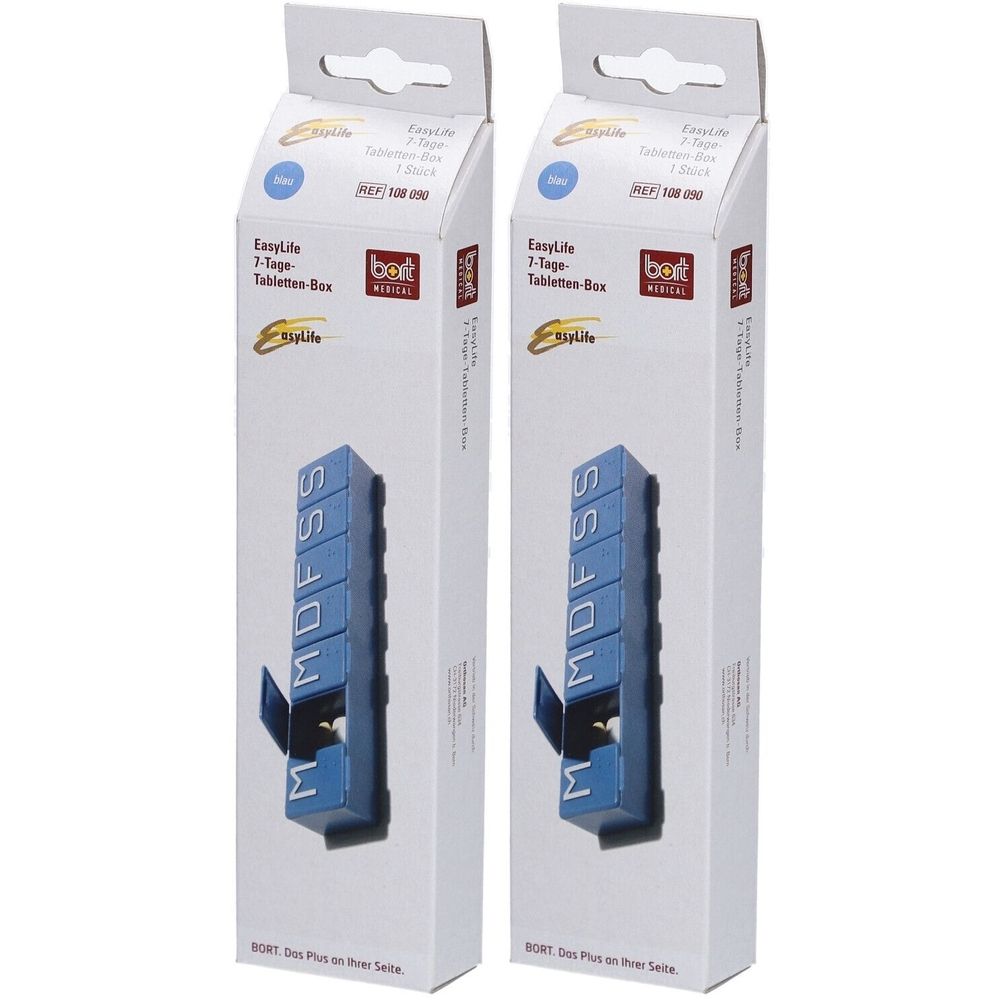 Deux boîtes de piluliers BORT EasyLife®. Pilulier bleu à 7 compartiments dans un emballage blanc. Inscription : EasyLife, boîte de comprimés 7 jours.