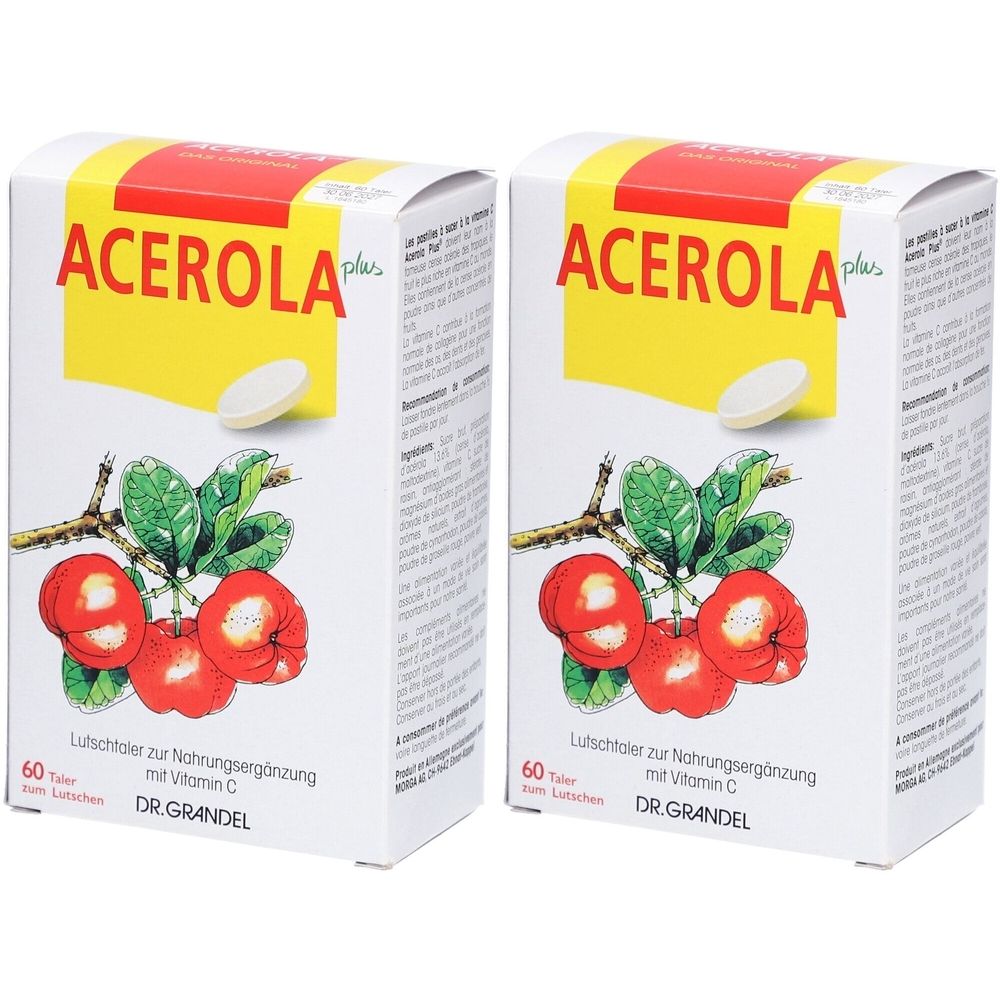Deux boîtes de pastilles Acerola Plus. Inscription : Acerola plus, illustration de fruits d'acérola, 60 comprimés, vitamine C, DR. GRANDEL.