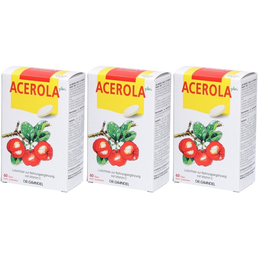 Trois boîtes de Acerola plus vitamine C. Inscription: Acerola plus, illustration de fruits d'acérola. Marque: DR. GRANDEL.