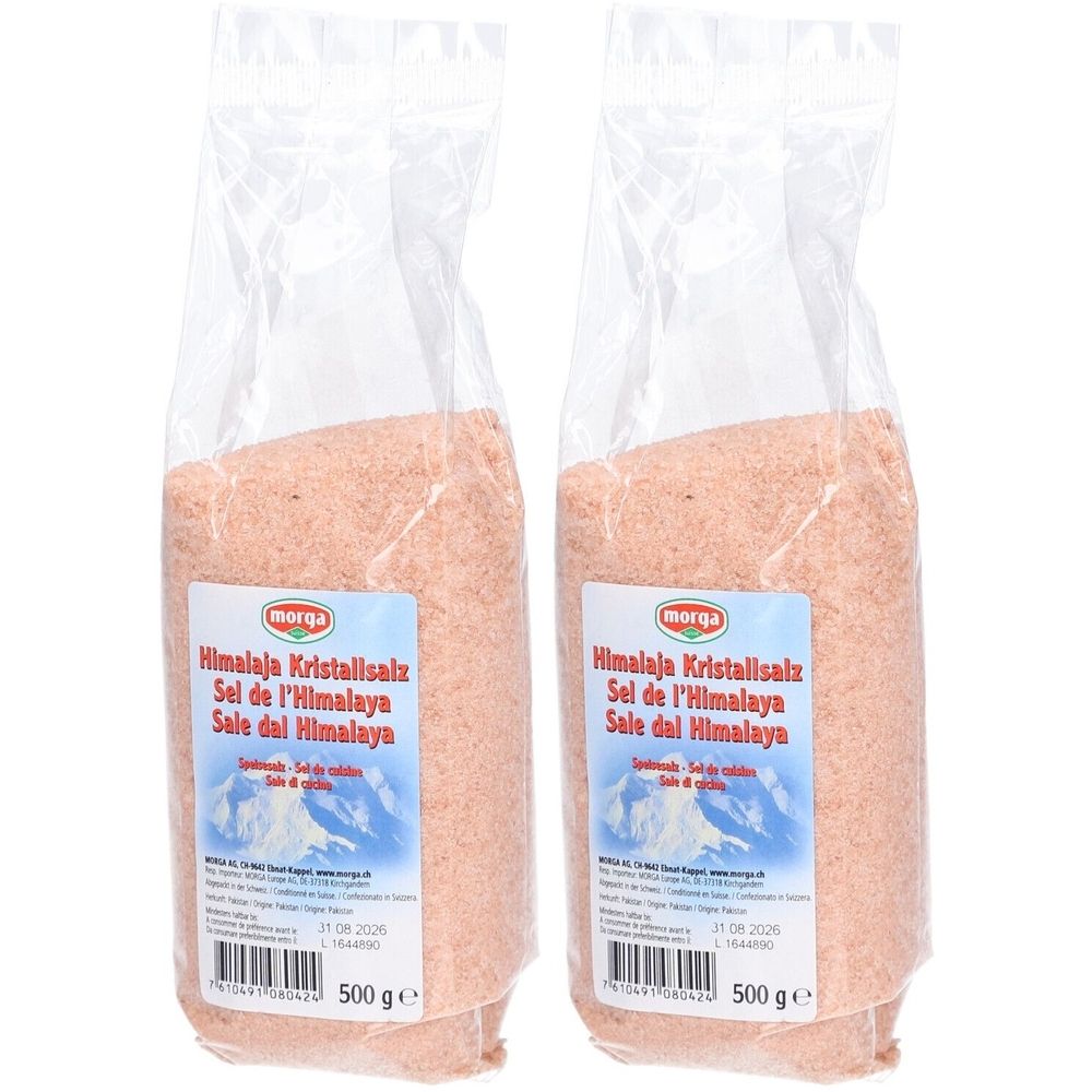 Zwei Beutel Himalaya-Kristallsalz. Klarsichtverpackung mit Etikett. Aufschrift: MORGA, Himalaja Kristallsalz, 500 g.