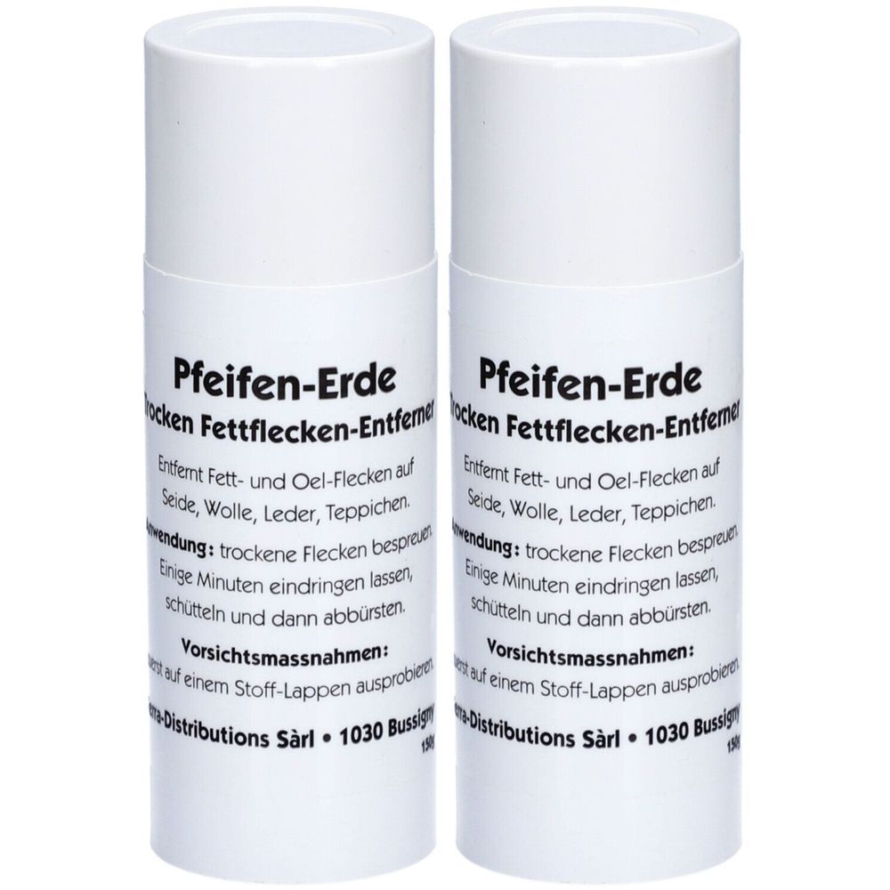Zwei weiße zylindrische Behälter mit Etiketten. Aufschrift: Pfeifen-Erde, trockene Fettflecken-Entfernung.