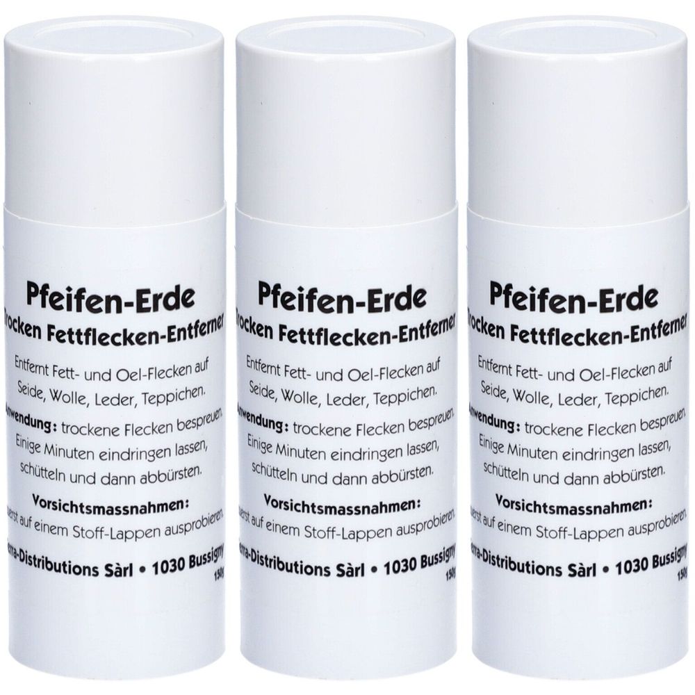 Drei weiße zylindrische Behälter mit schwarzer Schrift. Aufschrift: Pfeifen-Erde, Fettflecken-Entferner. Text auf Deutsch.