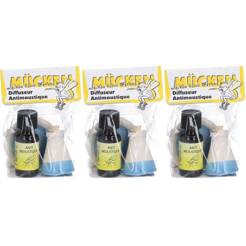 Drei Sets mit ätherischen Ölen. Jedes Set enthält eine Flasche, einen blauen Gegenstand und einen weißen Kegel. Aufschrift: Mücken Diffusor.