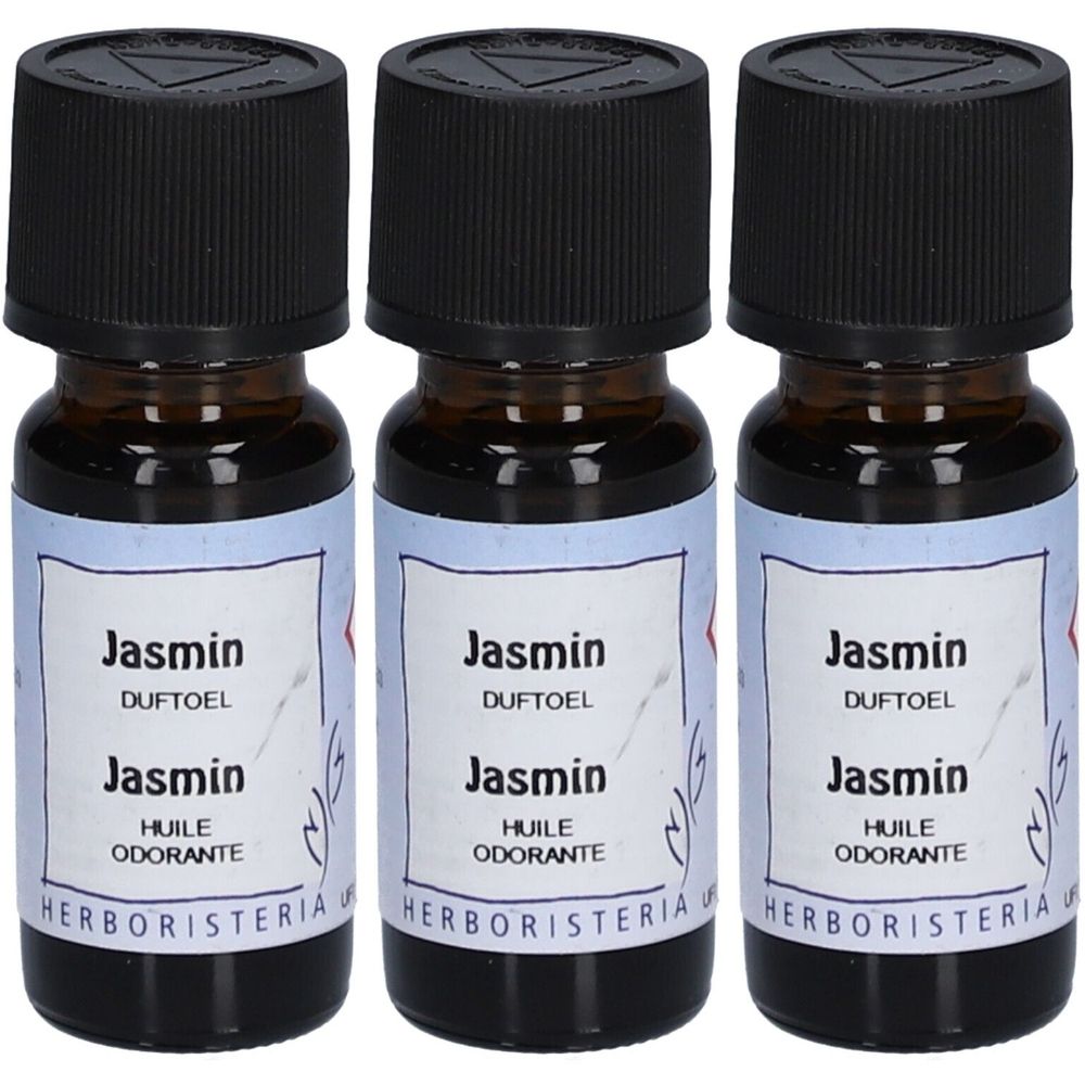 Drei kleine braune Glasflaschen mit schwarzem Deckel. Auf den Etiketten steht "Jasmin" und "HERBORISTERIA".