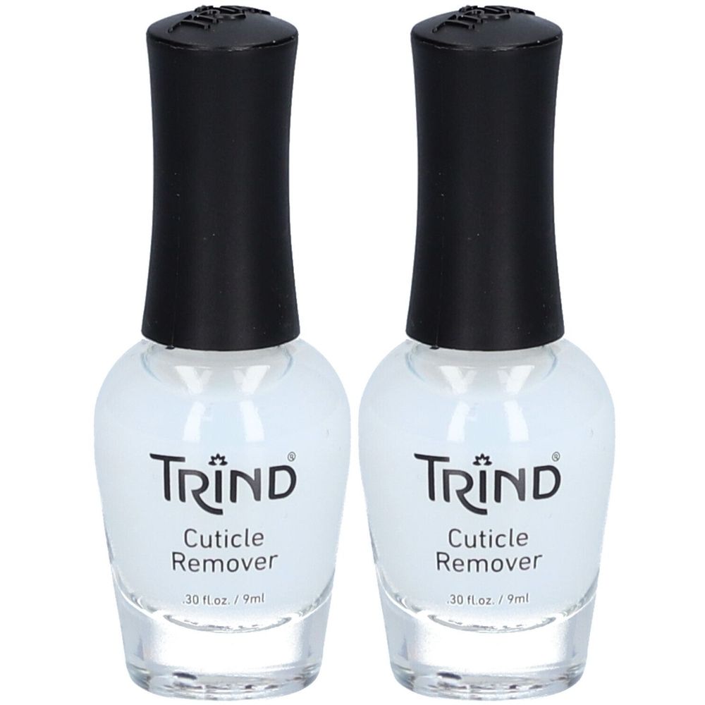 Zwei Flaschen Nagelhautentferner. Klare Flüssigkeit in Glasflaschen mit schwarzem Deckel. Aufschrift: TRIND, Cuticle Remover.