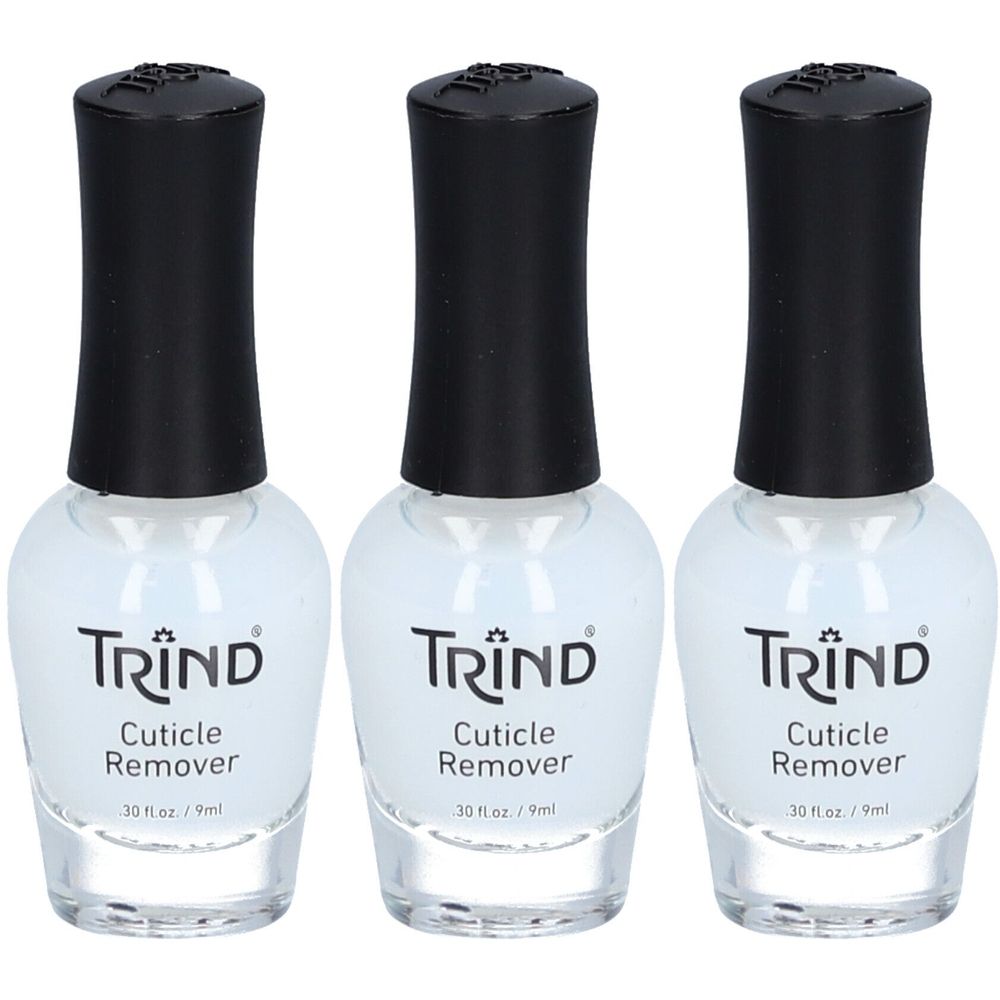 Trois flacons de dissolvant pour cuticules TRIND. Liquide clair dans des flacons en verre avec bouchon noir. Inscription : Cuticle Remover.