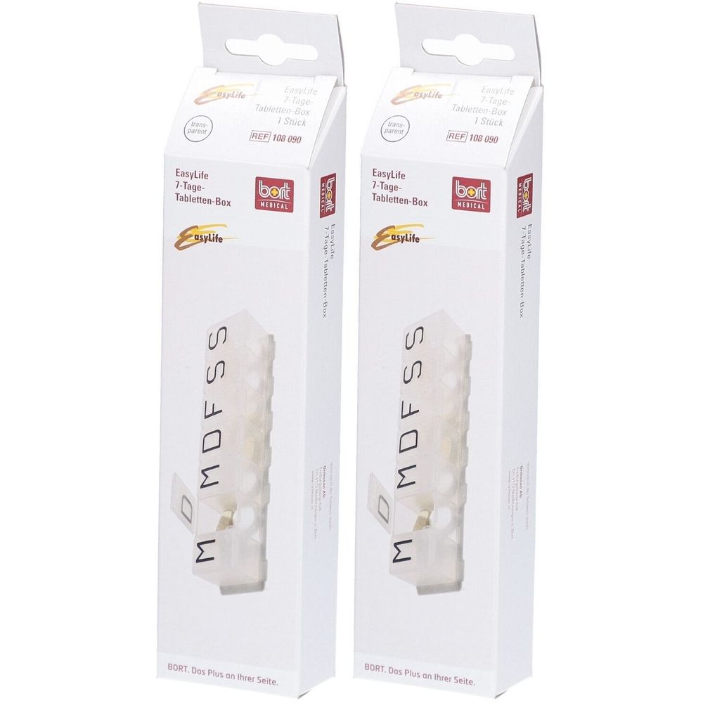 Zwei weiße Tablettenboxen in Verpackung. Aufdruck: EasyLife, 7-Tage Tabletten-Box, BORT medical.