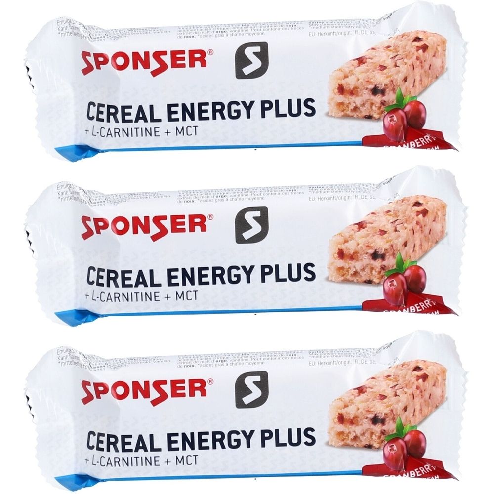 Drei SPONSER CEREAL ENERGY PLUS Riegel. Sichtbar: Cranberry-Stücke, Logo, Schriftzug. Verpackung mit Produktnamen und Inhaltsstoffen.