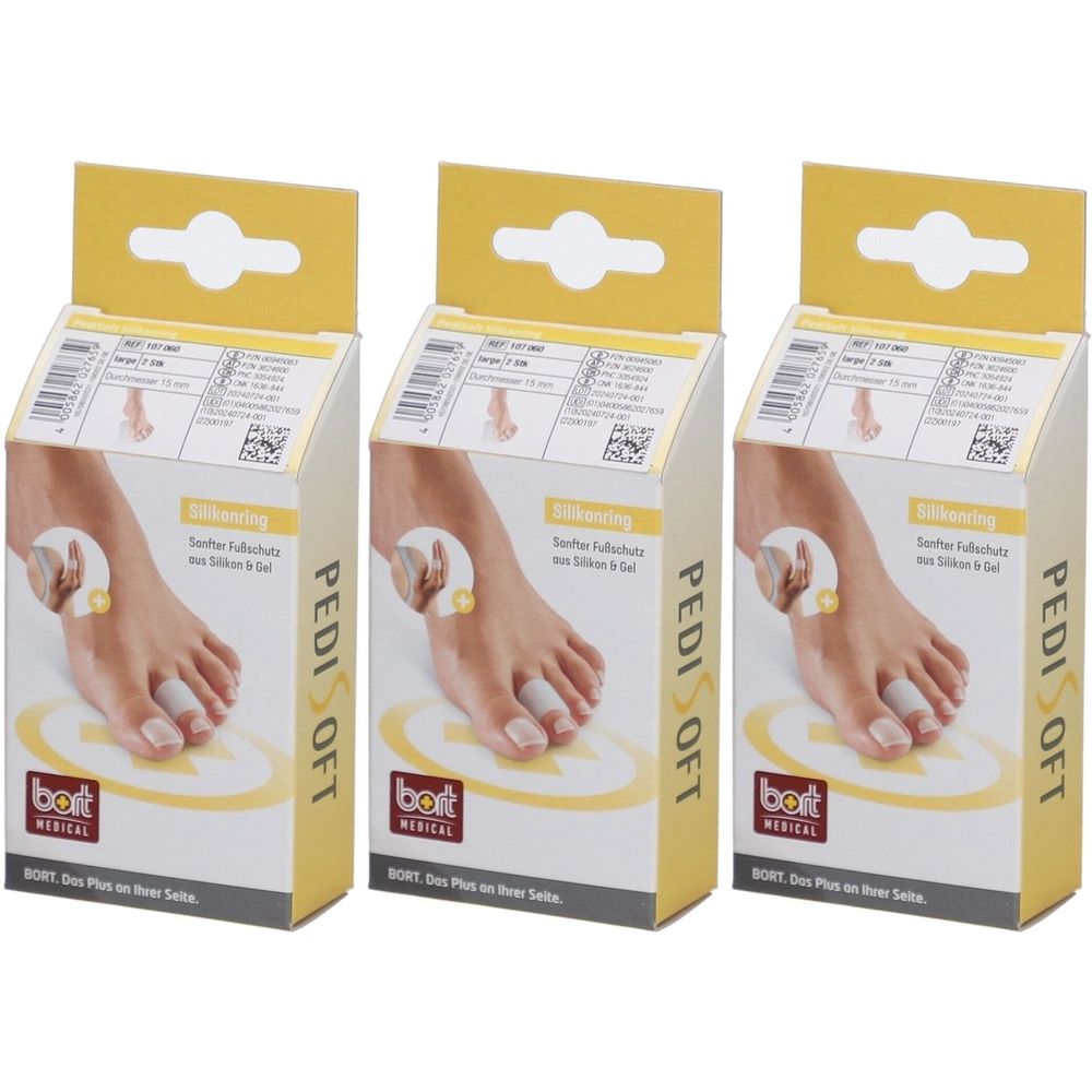 Drei Schachteln Bort PediSoft Silikonring. Jede Schachtel zeigt ein Fuß mit einem Zehenschutz. Gelb-weiße Verpackung.