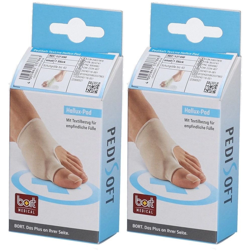 Zwei Packungen Bort PediSoft Hallux-Pad. Hellbeige Textilbezug, blaue Verpackung mit Produktabbildung und Logo.