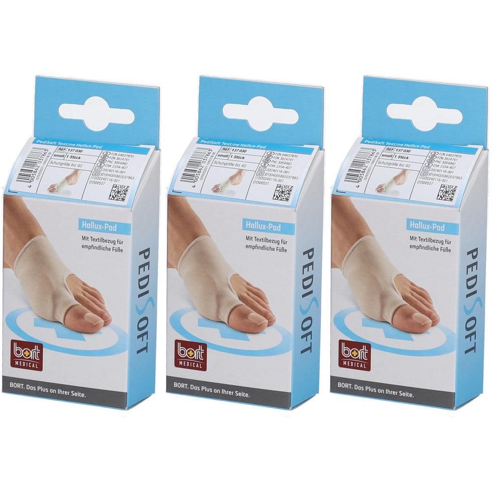 Trois boîtes de coussinets Hallux PediSoft de Bort. Coussinets beiges sur pied, dans boîtes bleues avec informations et logo.