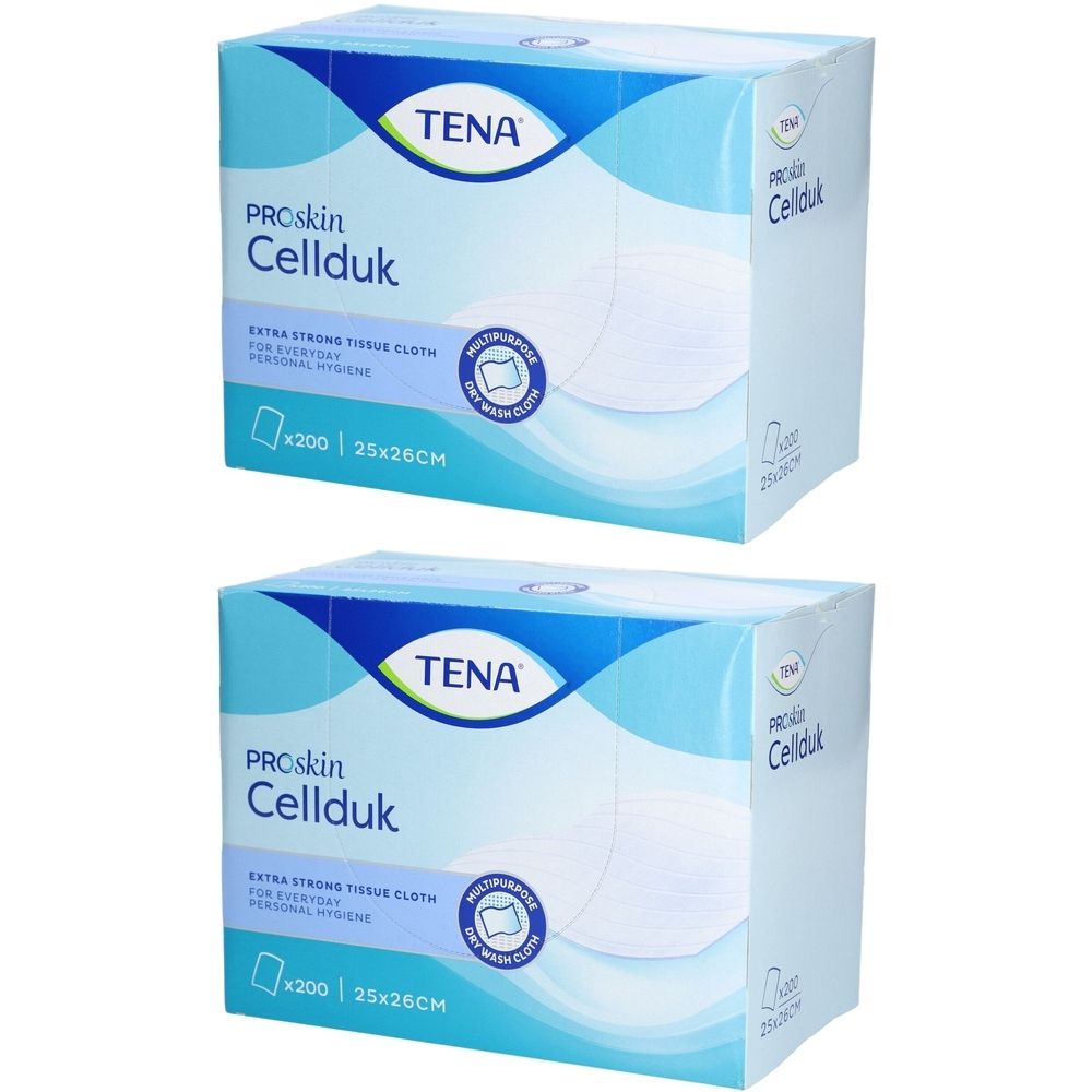 Zwei Kartons TENA Proskin Cellduk Feuchttücher. Blaue Verpackung mit Produktnamen und Logo. Größe: 25x26cm, 200 Tücher.