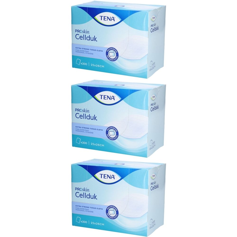 Drei Packungen TENA Proskin Cellduk Feuchttücher. Blaue Verpackung mit weißer Schrift. Größe 25 x 26 cm.