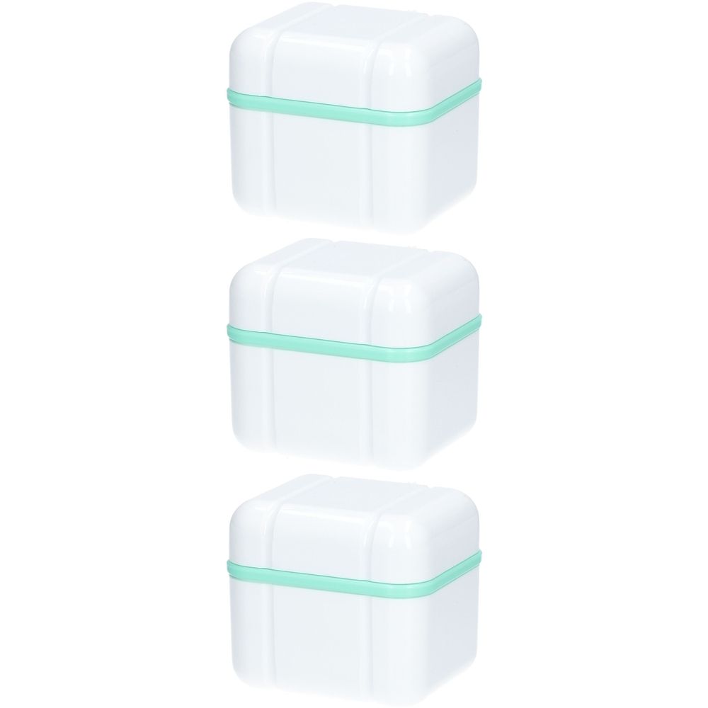 Drei weiße, quadratische Boxen mit mintfarbenen Rändern. Die Boxen haben gerundete Ecken und vertikale Linien.