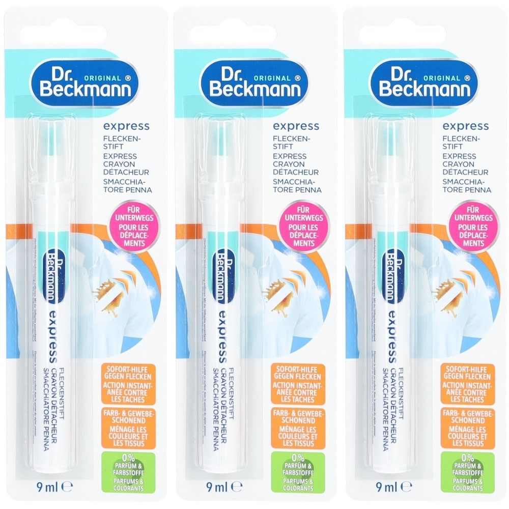 Trois stylos détachants Dr. Beckmann Express en emballage blister. Stylo blanc avec emballage bleu et turquoise. Texte: express, Dr. Beckmann.