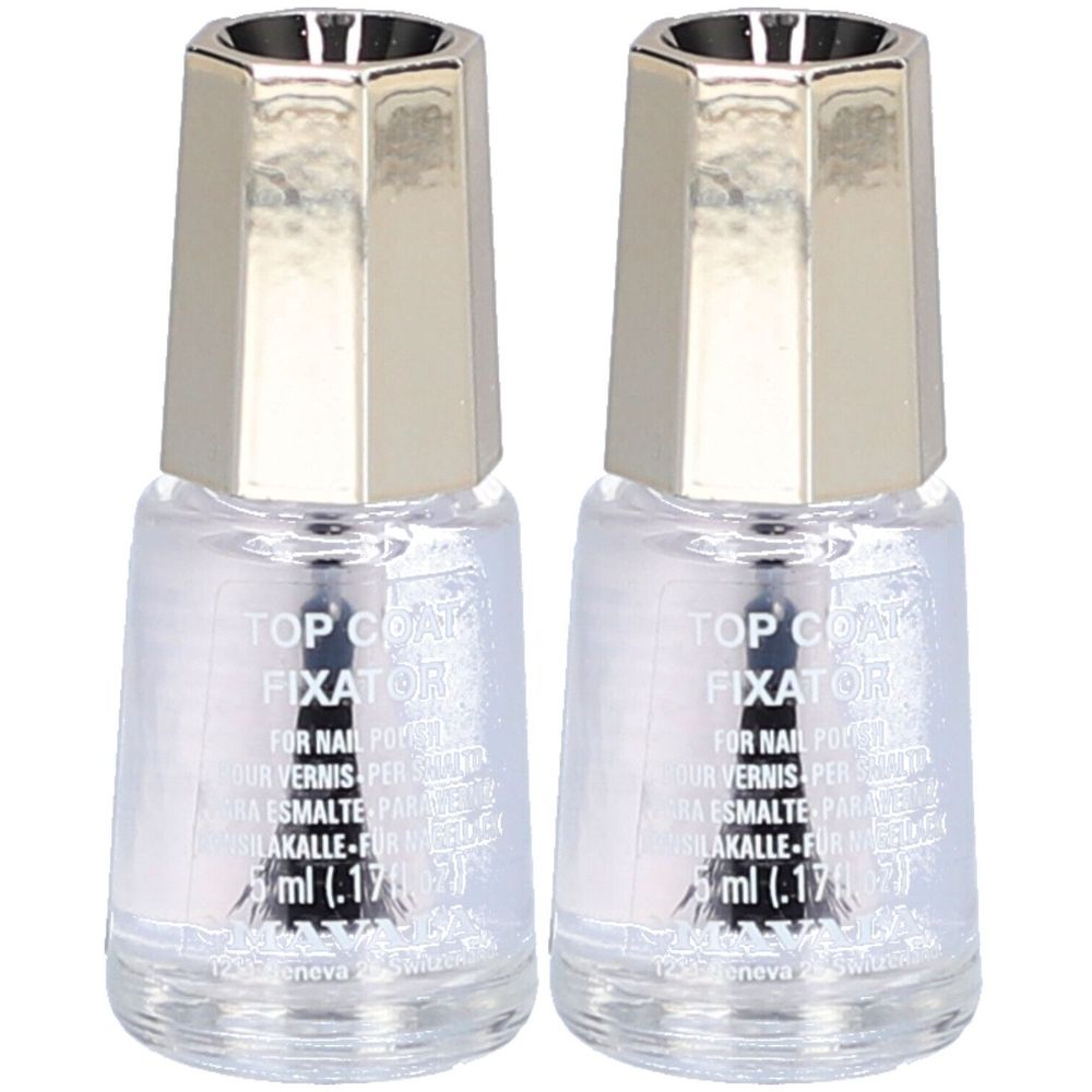 Zwei Flaschen Nagellack-Fixierer mit silberfarbenen Deckeln. Aufschrift: TOP COAT FIXATOR, 5 ml.