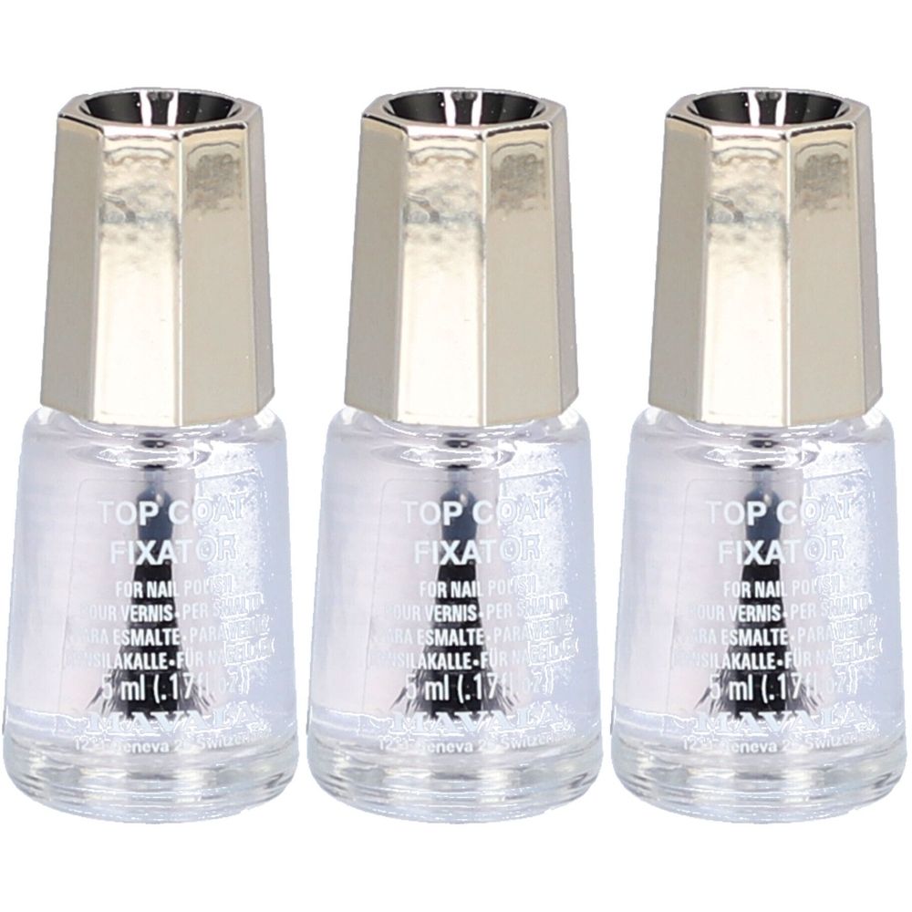Drei Flaschen Nagellack-Fixierer mit silbernen Deckeln. Aufschrift: TOP COAT FIXATOR, 5 ml.