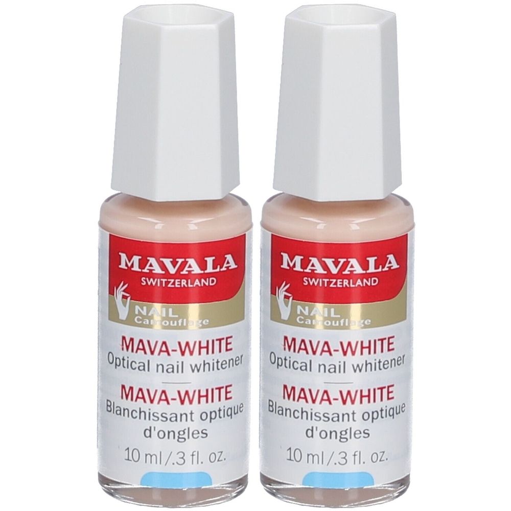 Zwei Flaschen Nagelweiß von Mavala. Weißer Deckel, rosafarbener Inhalt. Aufschrift: MAVA-WHITE, 10 ml.