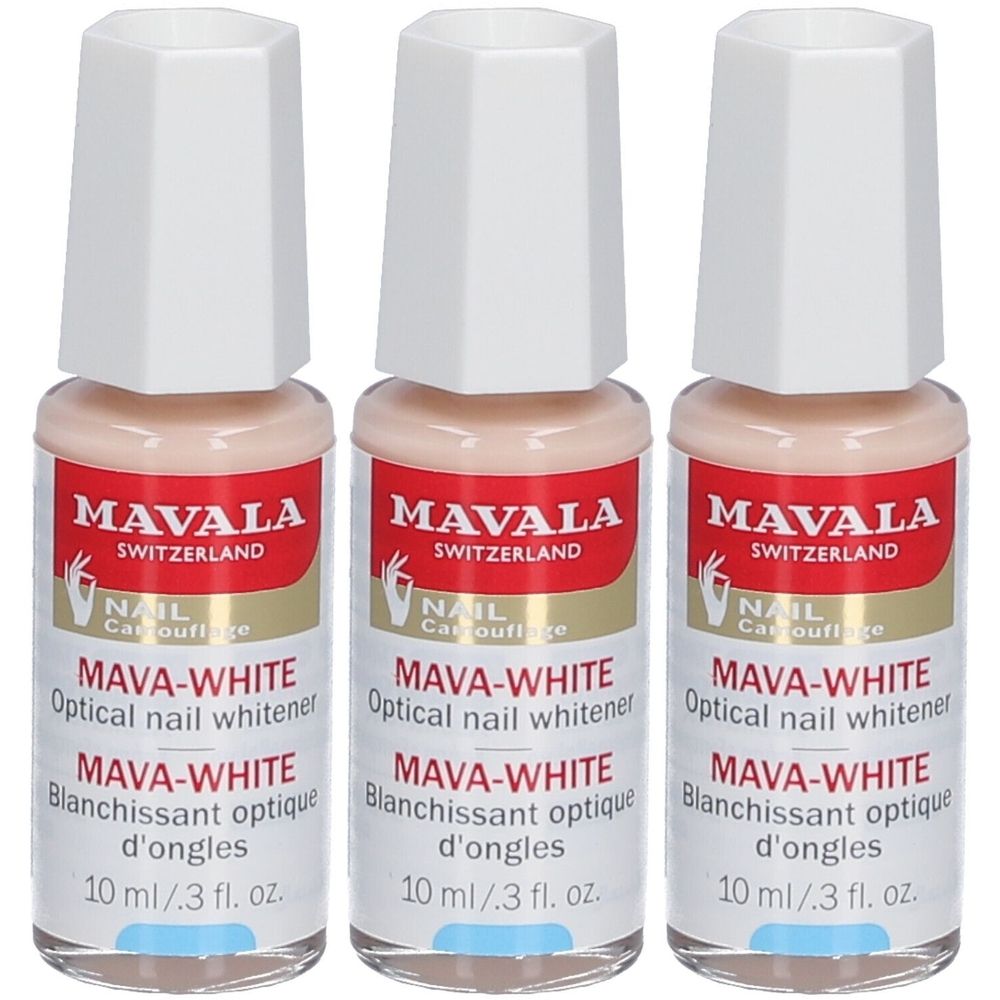Drei Flaschen Mava-White Nagelweißer. Jede Flasche hat einen weißen Deckel und ein Etikett mit dem Markennamen und Produktbezeichnung.