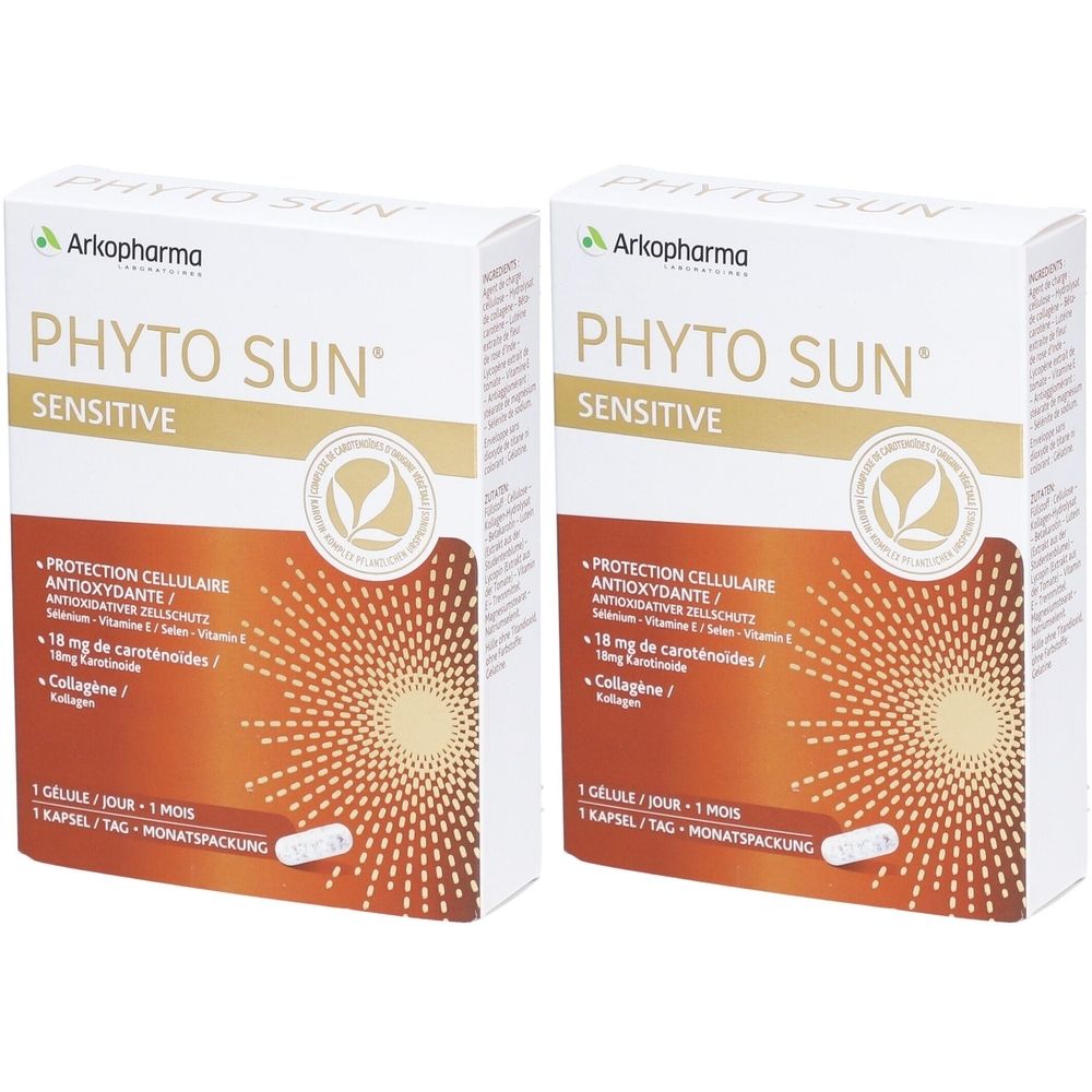 Deux boîtes "PHYTO SUN SENSITIVE". Blanches, accents bruns et dorés. Contient des gélules. Marque Arkopharma.