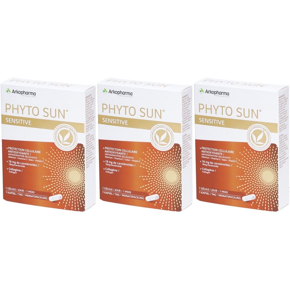 Drei Schachteln mit der Aufschrift "PHYTO SUN SENSITIVE". Auf jeder Schachtel sind Produktinformationen und ein Logo abgebildet.